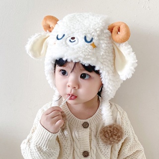 RJ】台灣出貨 護耳帽 冬季新款男女寶寶兒童帽子 2023嬰兒毛絨護耳保暖加厚可愛小羊帽子 嬰兒帽子 針織帽 兒童保暖帽
