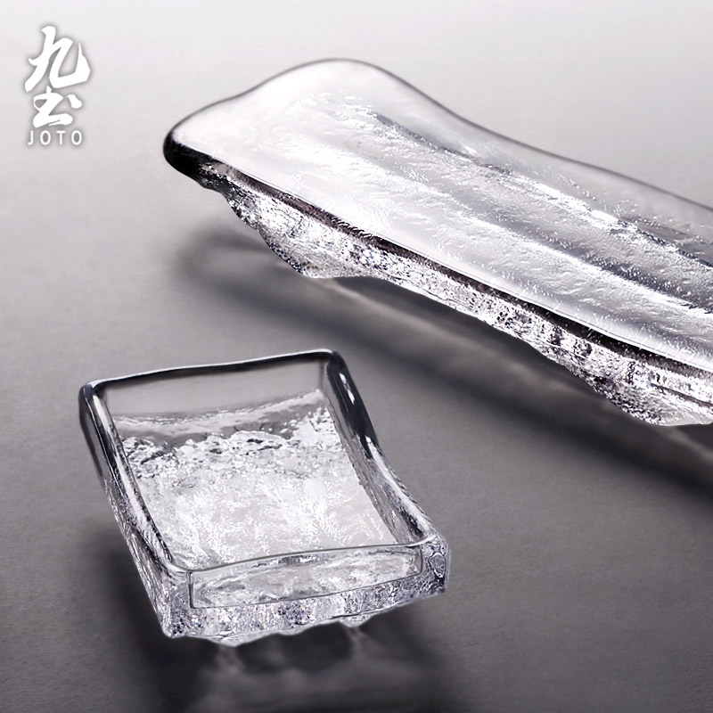 九土 日式 玻璃 壽司 盤 創意 錘紋 刺身 平盤 透明 蘸料 盤 芥末 盤 調味 碟 家用