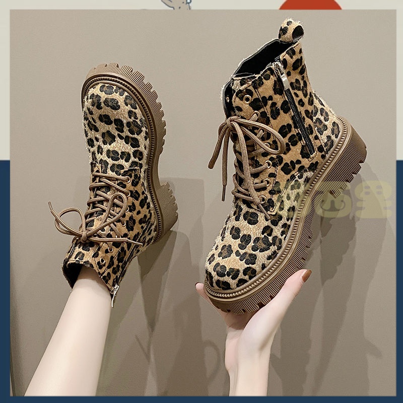 【西西時尚吧】厚底馬丁靴女2023年秋冬新款豹紋機車靴加絨短靴複古顯瘦歐美女靴