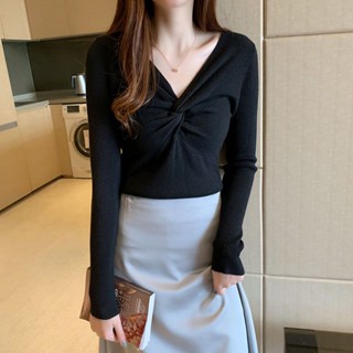 SY韓版上衣長袖上衣秋新款修身針織衫女長袖V領針織性感上衣女內搭毛衣薄款打底衫