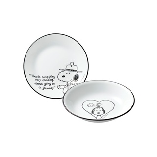 【美國康寧 CORELLE】SNOOPY 復刻黑白 2件式餐具組(6吋平盤+6吋深盤)