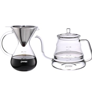 【康寧 Pyrex】 Café 玻璃細口手沖壺 1.0L+手沖咖啡玻璃壺 600ML