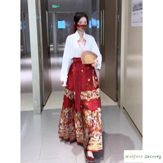 【新款】印花馬面裙 馬面裙 紅色敬酒服 馬面裙套裝 日常可穿 馬面群 新中式漢服女 新娘訂婚服 古裝 馬面裙改良