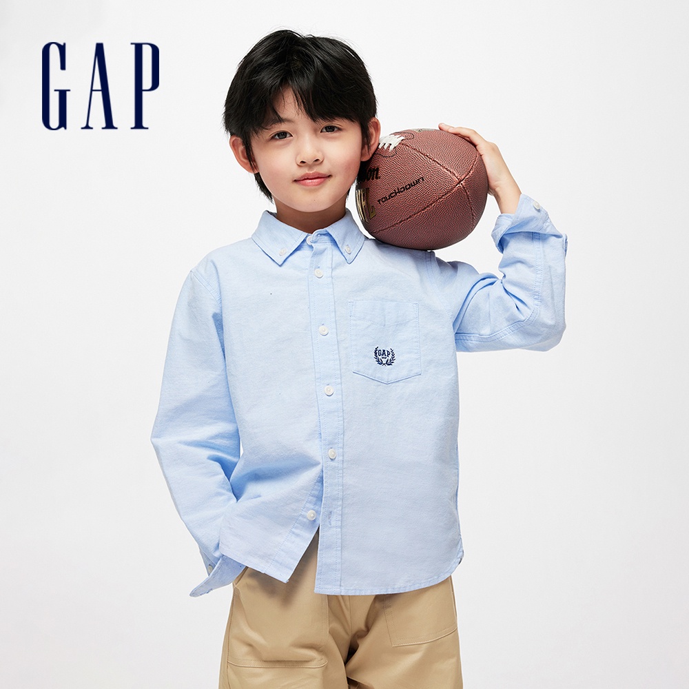 Gap 男童裝 Logo純棉印花翻領長袖襯衫-藍色(890213)