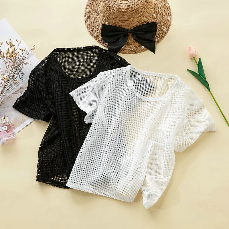 夏季寬鬆短袖T恤女白色鏤空網眼運動罩衫內搭漁網透明網紗上衣9A8E