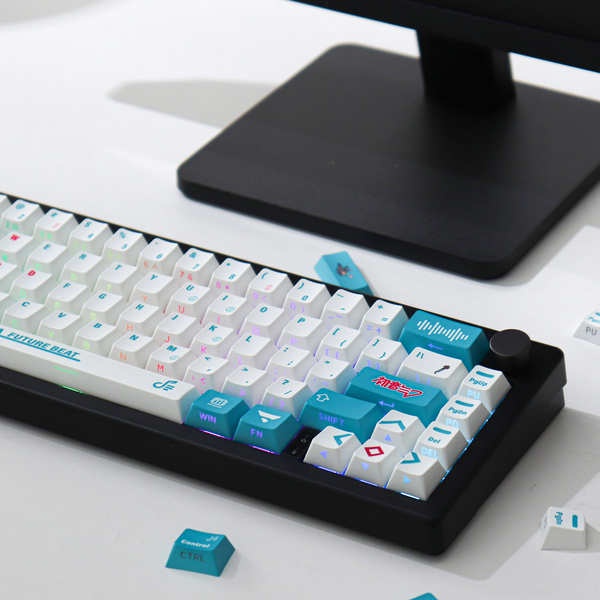 MIKU初音側透光130鍵機械鍵盤鍵帽PBT熱昇華藍色原廠高度適配61