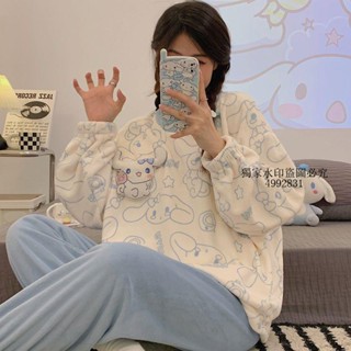 居家服🥼 睡衣女冬珊瑚絨加厚保暖秋冬季卡通學生可愛長袖法蘭絨家居服套裝