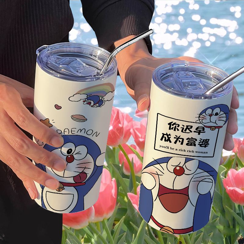 🥤🥤🥤【曼迪】哆啦A夢藍胖子咖啡網紅高顏值不鏽鋼保溫杯 辦公室吸管隨行水杯