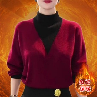 雙麵德絨外穿秋冬新款時尚高階高領打底兩件顯瘦洋氣長袖上衣遮肚大尺碼 女裝 針織毛衣 上衣長袖女 大碼90公斤
