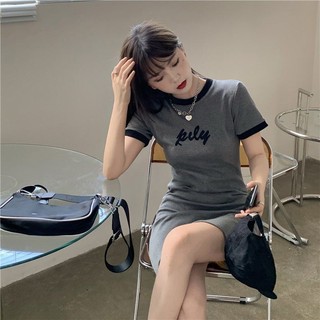 SY短袖洋裝夏季簡約短袖連衣裙女新款修身顯瘦包臀裙短袖A字裙春秋圓領打底裙子