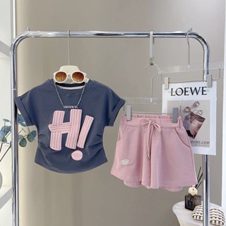 🍭小朋友🍭【限時特惠】女童套裝 兒童套裝女童夏季休閒套裝2024中大童洋氣T恤短褲兩件套兒童新款運動套裝 女童衣服