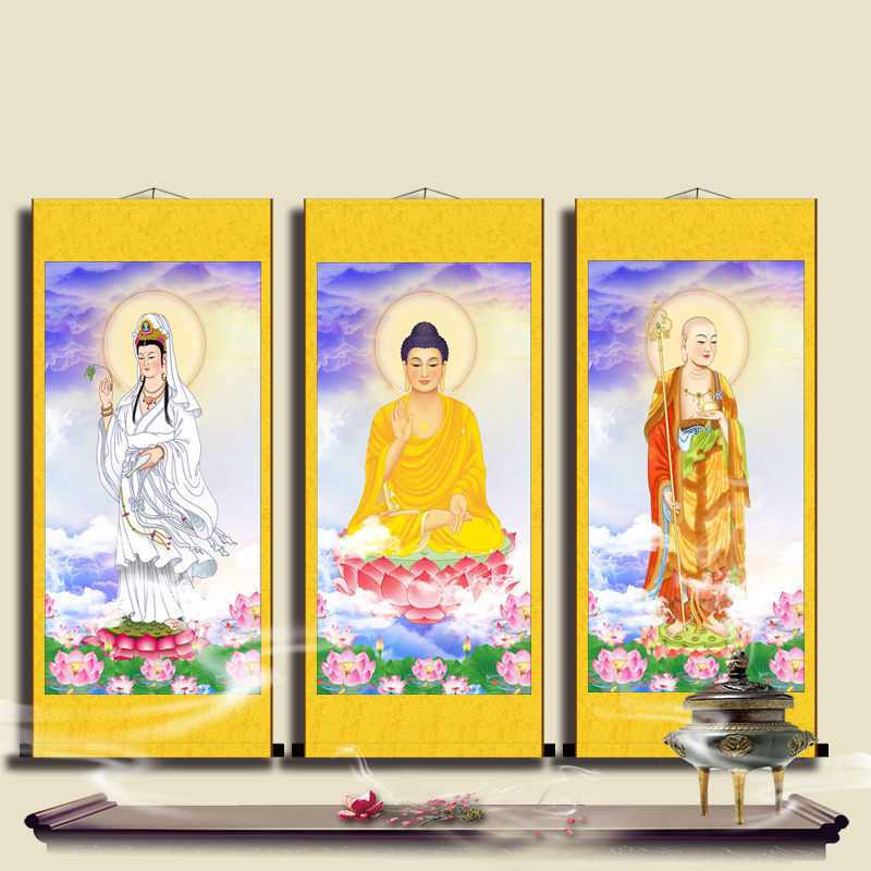 掛畫娑婆三圣畫像釋迦摩尼佛觀音地藏王菩薩佛像佛堂客廳家用字畫國畫掛畫