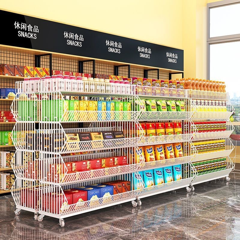 （置物架）零食貨架小食品展示架多層斜口籃超市置物架便利店散稱移動展示架