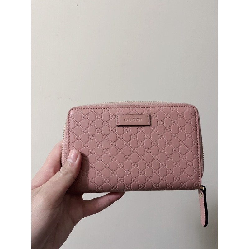 GUCCI Guccissima 小LOGO牛皮ㄇ字拉鍊中夾粉色中夾零錢包皮夾女夾情人節禮物新年