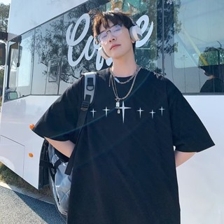 夏季十字架印花短袖T恤 潮流韓版寬鬆印花五分袖t恤上衣 班服 寬鬆T恤 短T T恤男 男生衣著（YW278）【壹號站】