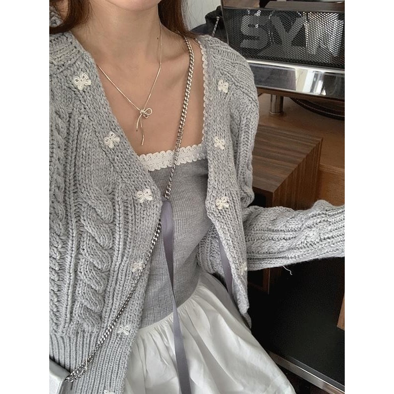 【Codibook】韓國 frenchaube 蝴蝶結刺繡麻花紋針織開衫 2色［預購］針織外套 女裝