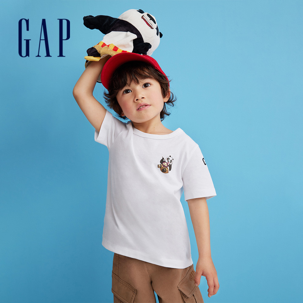 Gap 男幼童裝 Gap x 功夫熊貓聯名 Logo純棉印花圓領短袖T恤-白色(890551)