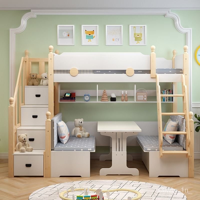 實木兩層兒童床上下鋪高低單人床成人雙人床上下雙層滑梯床帶書桌t3