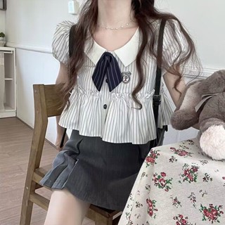 【Wik】短袖 T恤 女 短袖上衣女 短袖 t恤女 日係甜美學院風娃娃領襯衫女夏新款設計感泡泡袖學生韓版百搭襯衣