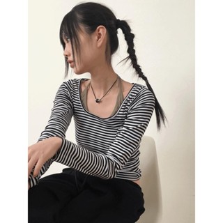 Codibook｜韓國 wonderwonder 圓領修身條紋長袖短版上衣［預購］長袖上衣 T恤 女裝