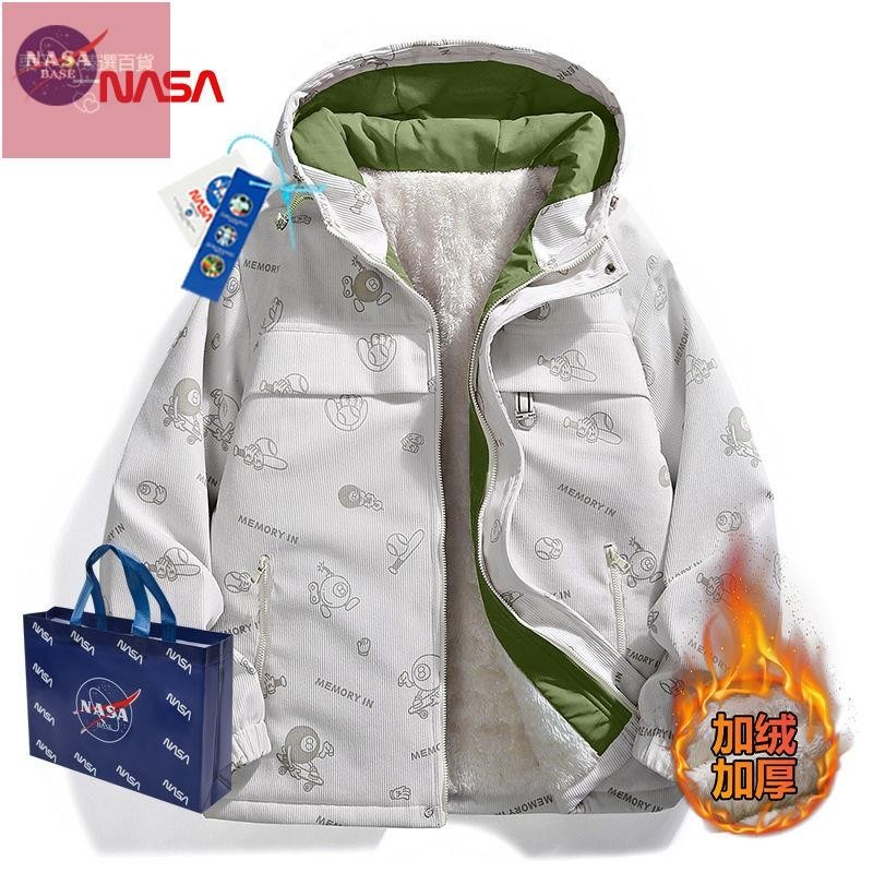 NASA聯名太空人印花加絨棉衣男潮流洋氣百搭燈芯絨加厚棉服外套