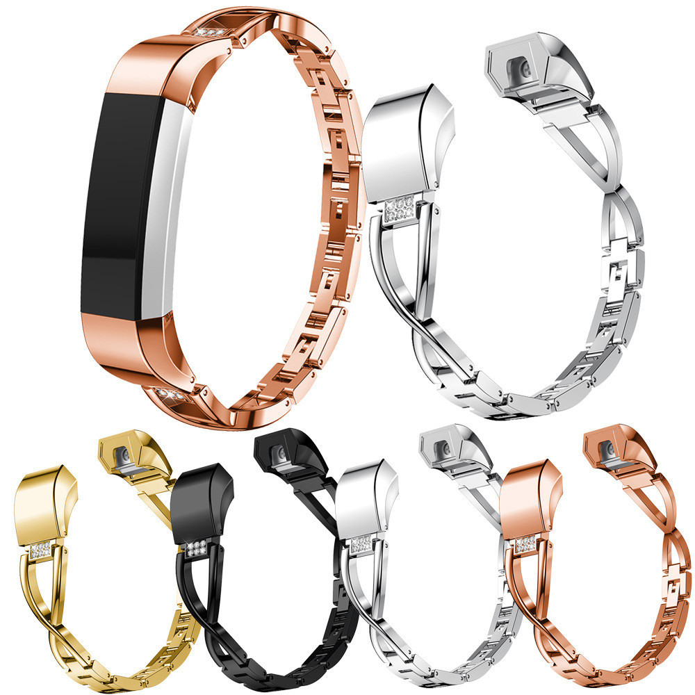 【YX】適用於Fitbit Alta HR鑲鑽鋼帶X字型鋼帶錶帶 水鑽形不銹鋼手錶帶