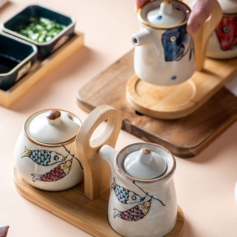 澤子小鋪日式陶瓷調味罐勺蓋一體套裝家用廚房醬油壺餐飲鹽味精辣子罐可愛