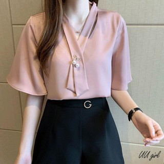 UU 雪紡襯衫女中袖夏季新款韓版寬松洋氣小衫喇叭袖v領氣質打底襯衣 襯衫女 短袖襯衫 大尺碼上衣女