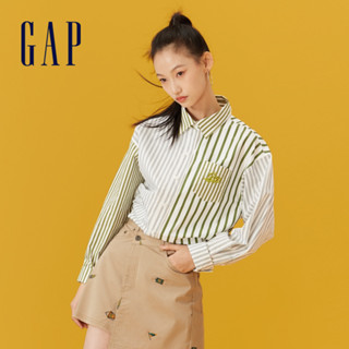 Gap 女裝 Logo純棉翻領長袖襯衫-綠色條紋(873202)