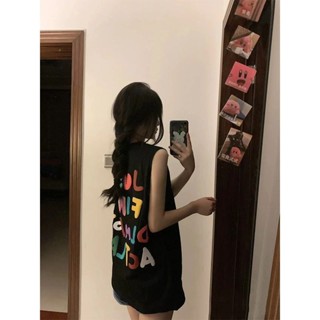 TK推薦✈美式復古高街背心外穿無袖t恤女運動甜辣字母中長款上衣短款打底吊帶上衣 小可愛 女裝 背心女 衣服 短版上衣