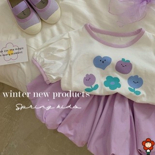 FlOWER🌸女童夏季套裝2023新款韓版洋氣女寶寶紫色短T花苞短褲女孩兩件套