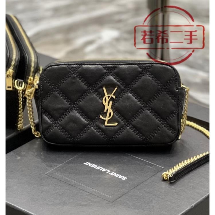 二手全新精品 YSL 聖羅蘭 BECKY 羊皮菱格紋 黑色 金扣 金鏈 雙拉鏈 雙夾層 相機包 肩背包 斜背包