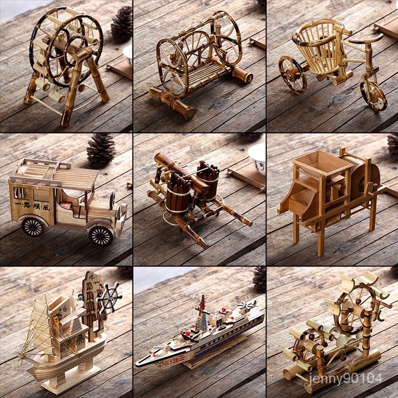 ✨新款 熱賣✨竹木工藝品擺件兒童 玩具創意田園風桌面風車 水車 仿真模型傢具擺設 EF7Y