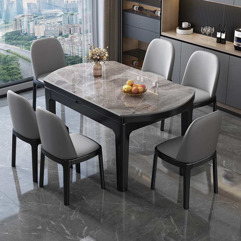 熱銷 轻奢现代简约岩板餐桌椅组合家用小户型伸缩折叠方圆两用实木饭桌