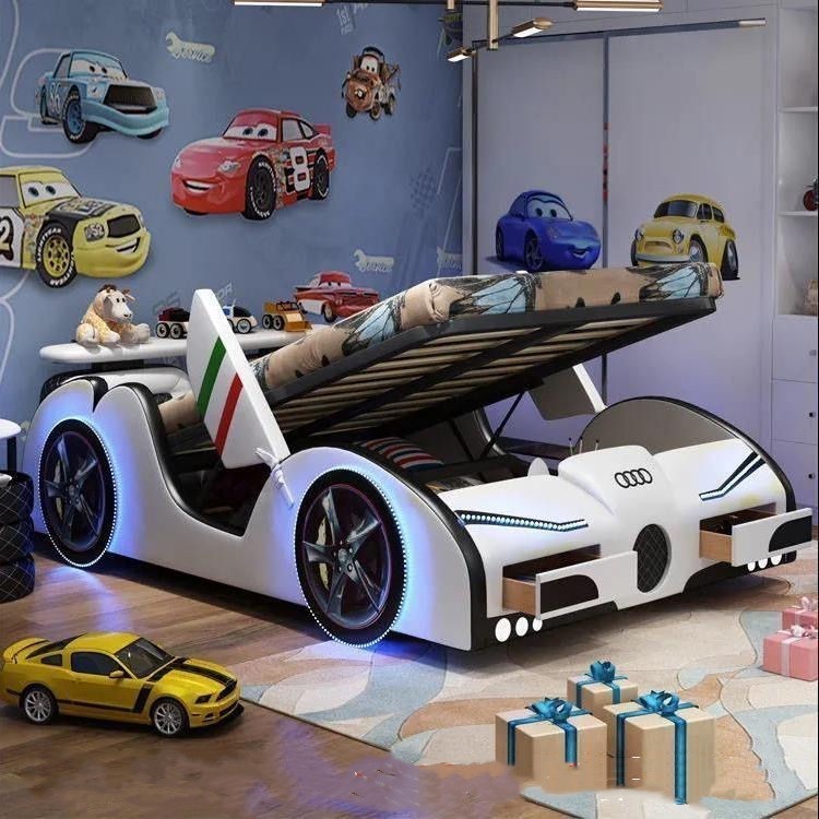 限時熱銷 汽車床 床架 多功能床男孩單人汽車床帶燈光音響真皮床1.2米1.5米卡通跑車創意汽車床架 組合床架