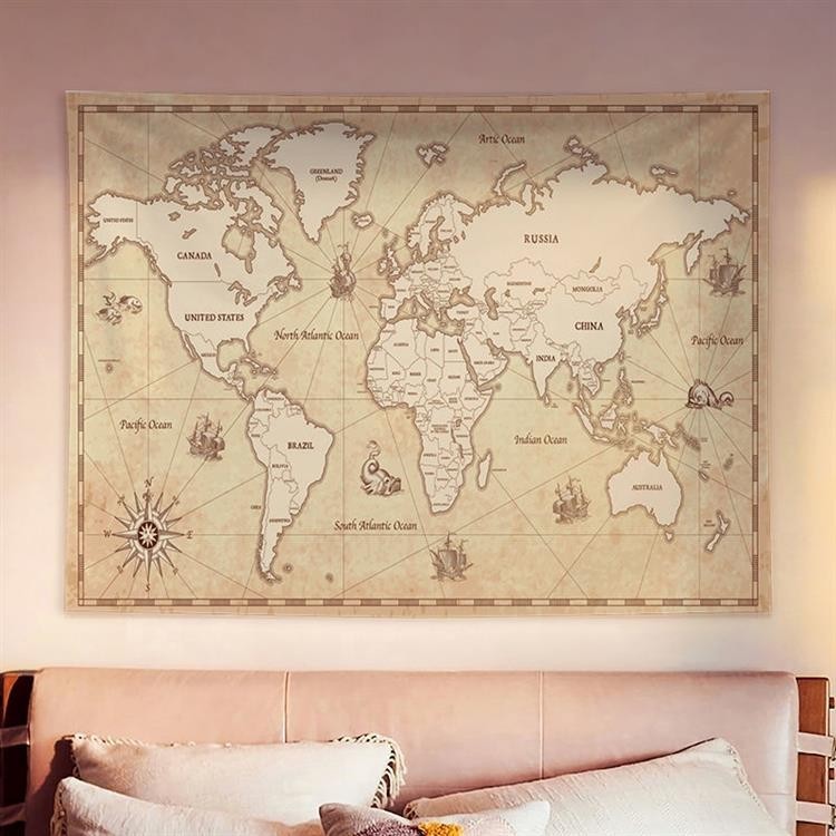MM 世界地圖掛布世界地圖背景布ins掛布覆古航海房間裝飾黑白灰出租房間佈置牆布世界地圖高清掛毯掛畫 地圖織物壁掛牆壁裝