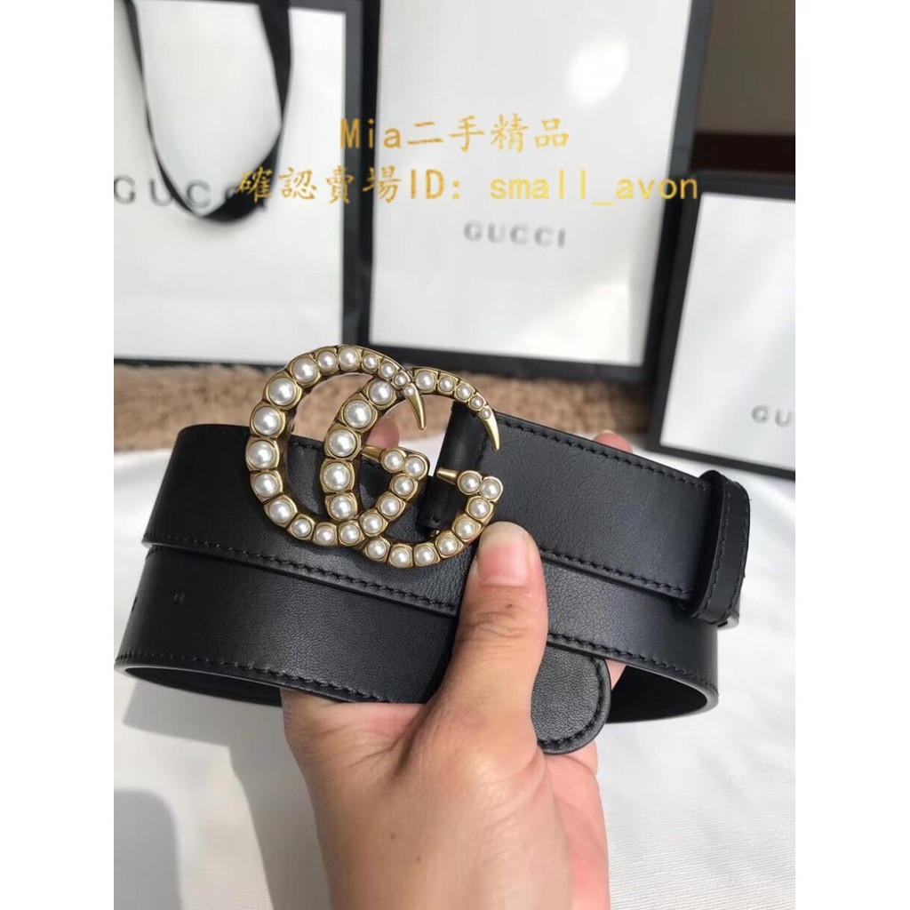 Mia二手 GUCCI 古馳 Double G 雙G珍珠扣皮帶 4cm 3CM 腰帶 ‎453260 黑色 男女款