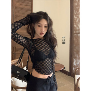 【Princess Home】上衣女 網紗透視黑色圓領正肩T恤女 小眾顯瘦純慾長袖別緻上衣 雪紡上衣 韓係上衣