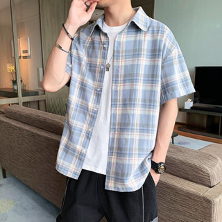 夏季薄款格子襯衫男韓版潮流寬鬆短袖襯衣帥氣外套五分袖休閒上衣 男士襯衫 短袖襯衫男 棉質襯衫 爸爸裝襯衫 大尺碼襯衫