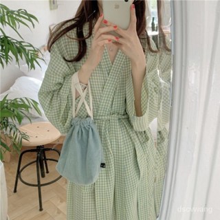 免運批發/日係ins風睡衣女 春秋季可愛格子浴袍 長款睡裙 長袖傢居服睡袍 冰絲睡衣 浴袍 女生睡衣 冰絲睡衣裙