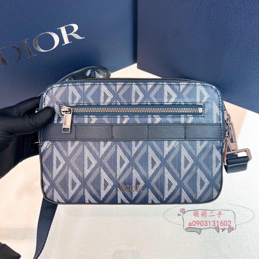 二手 Dior 迪奧 23新款 男士 SAFARI 信使包 CD Diamond圖案 海軍藍 相機包 肩背包 斜挎包