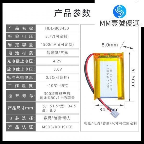 【限時下殺】803450聚閤物鋰電池3.7V1500mAh美容儀盒早敎機充電軟包電池 KGIQ CCSM