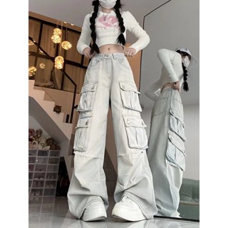 妞妞美🌈牛仔褲 長褲女 美式淺色工裝牛仔褲女秋冬多口袋設計感高腰寬鬆顯瘦闊腿拖地褲潮 高腰牛仔長褲 女生夏季牛仔工裝長褲