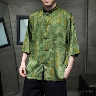 中國風男裝冰絲印花唐裝短袖五分袖襯衫新中式寬鬆大碼休閒襯衣男