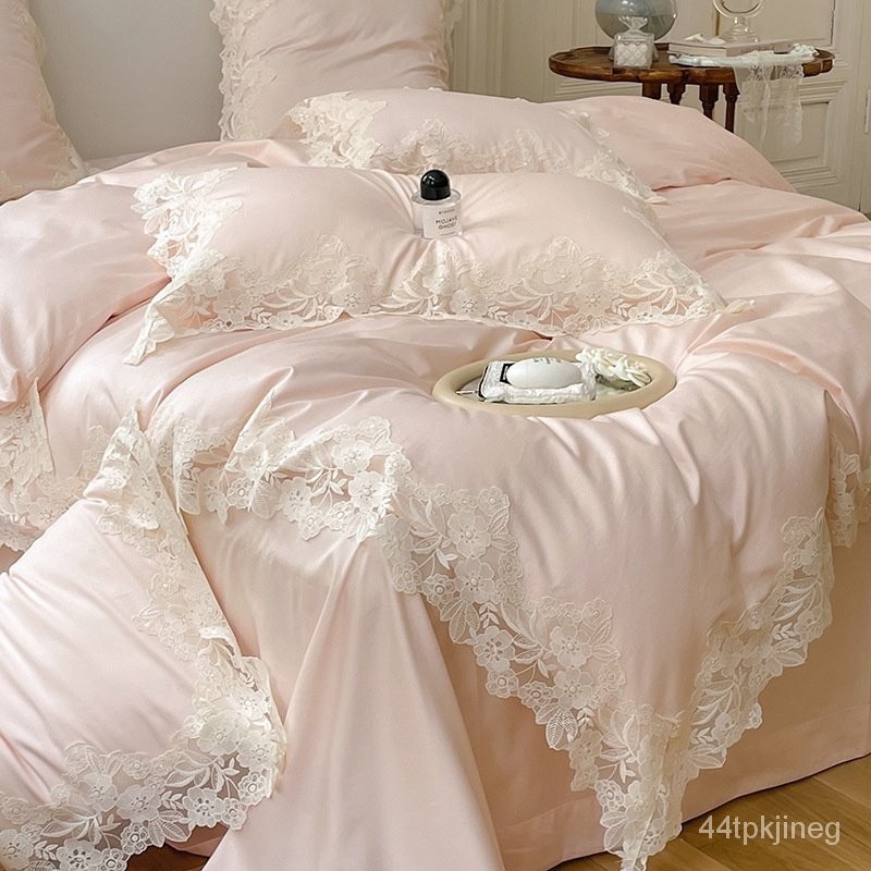 🔥店主推薦 高品質法式公主風 高端蕾絲花邊被套 簡約白色120S長絨棉 純 棉 四件組 浪漫舒適 床單 床包 雙人床包
