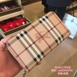 現貨二手 BURBERRY 博柏利 格紋黃棕色長夾 406073 戰馬印花拉鏈長夾 男女同款錢包