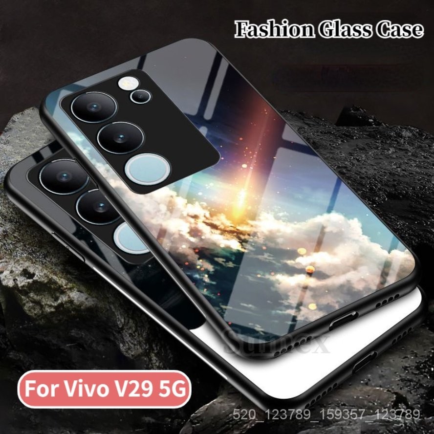 時尚星空外殼 hp Vivo V29 V29E 5G 手機殼防震硬鋼化玻璃後蓋適用於 Vivov29 V2250 Vev