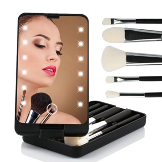 led化妝鏡 帶燈鏡子 5支化妝刷套裝梳妝鏡 收納盒帶蓋防灰塵鏡子