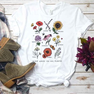 floral print women cotton t-shirt loose graphic tee shirt