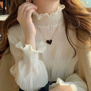 蕾絲微透打底衣🍭立領杏色蕾絲打底衫女春秋2023新款加絨內搭雪紡襯衫木耳邊紗上衣